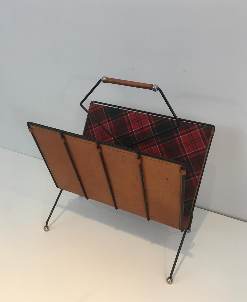 Rare Magazine Rack In Black Lacquered Metal, Leather And Fabric Burberry Way.-photo-4