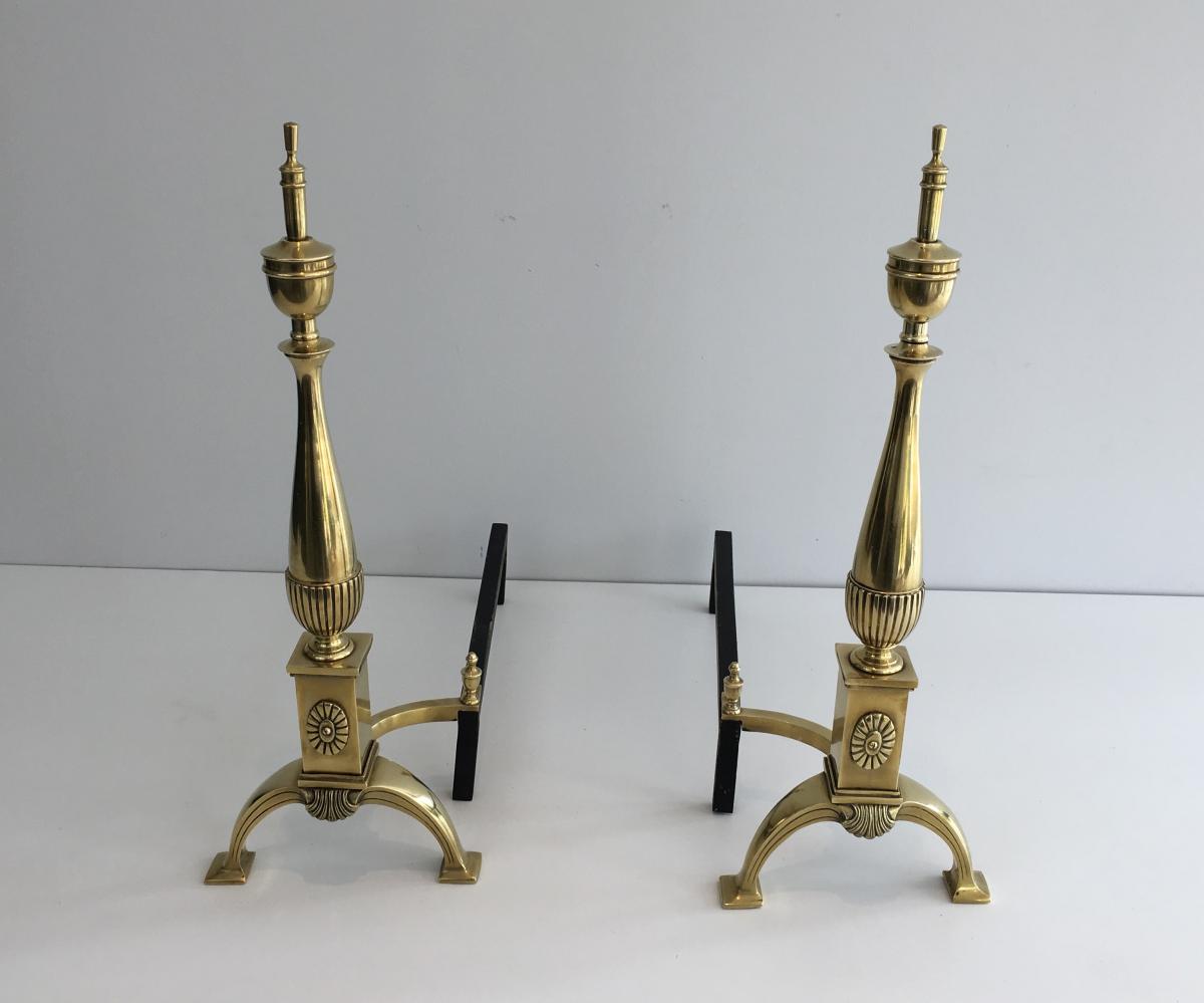 Pair Of Neoclassical Andirons In Bronze.-photo-3