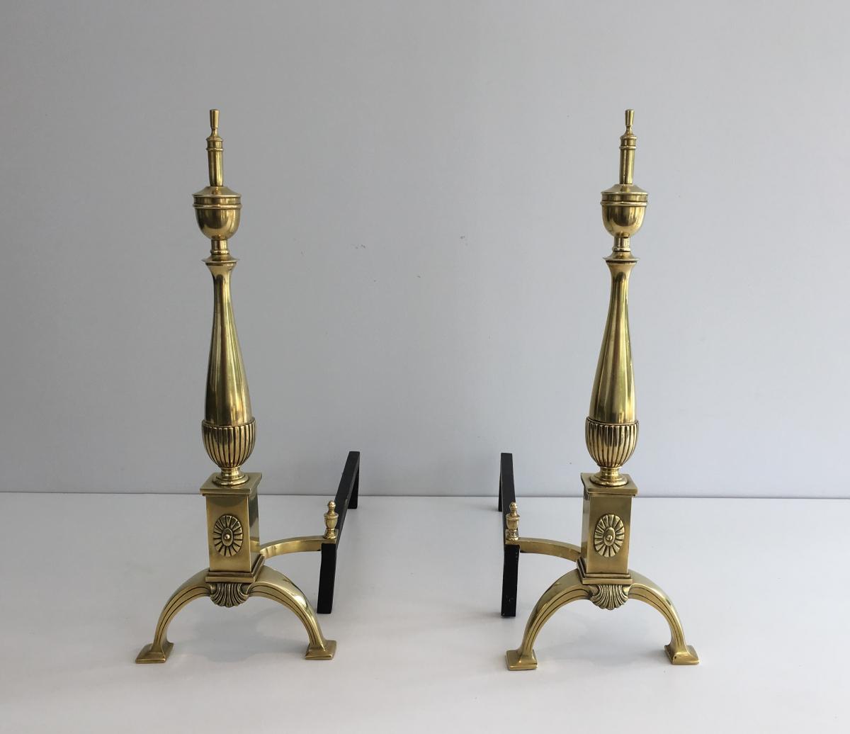 Pair Of Neoclassical Andirons In Bronze.-photo-4