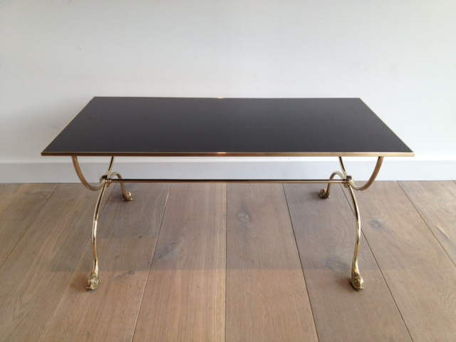 Brass Coffee Table With Dolphin Heads And Black Lacquered Glass Top.-photo-2