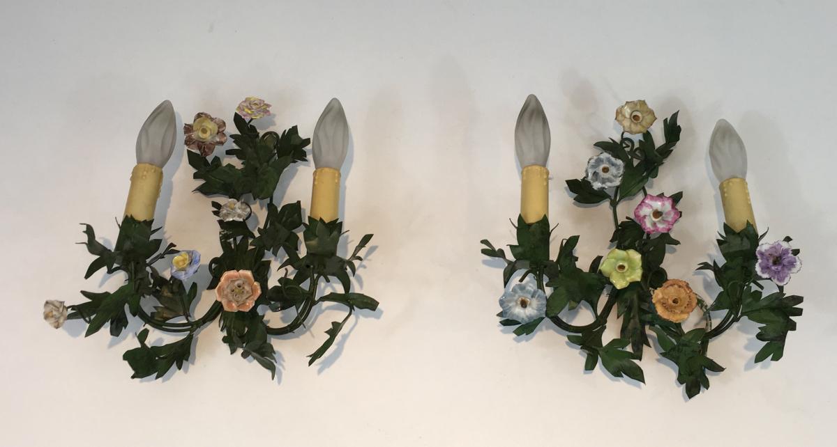 Pair Of Patinated Iron Wall And Porcelain Flowers. Around 1960