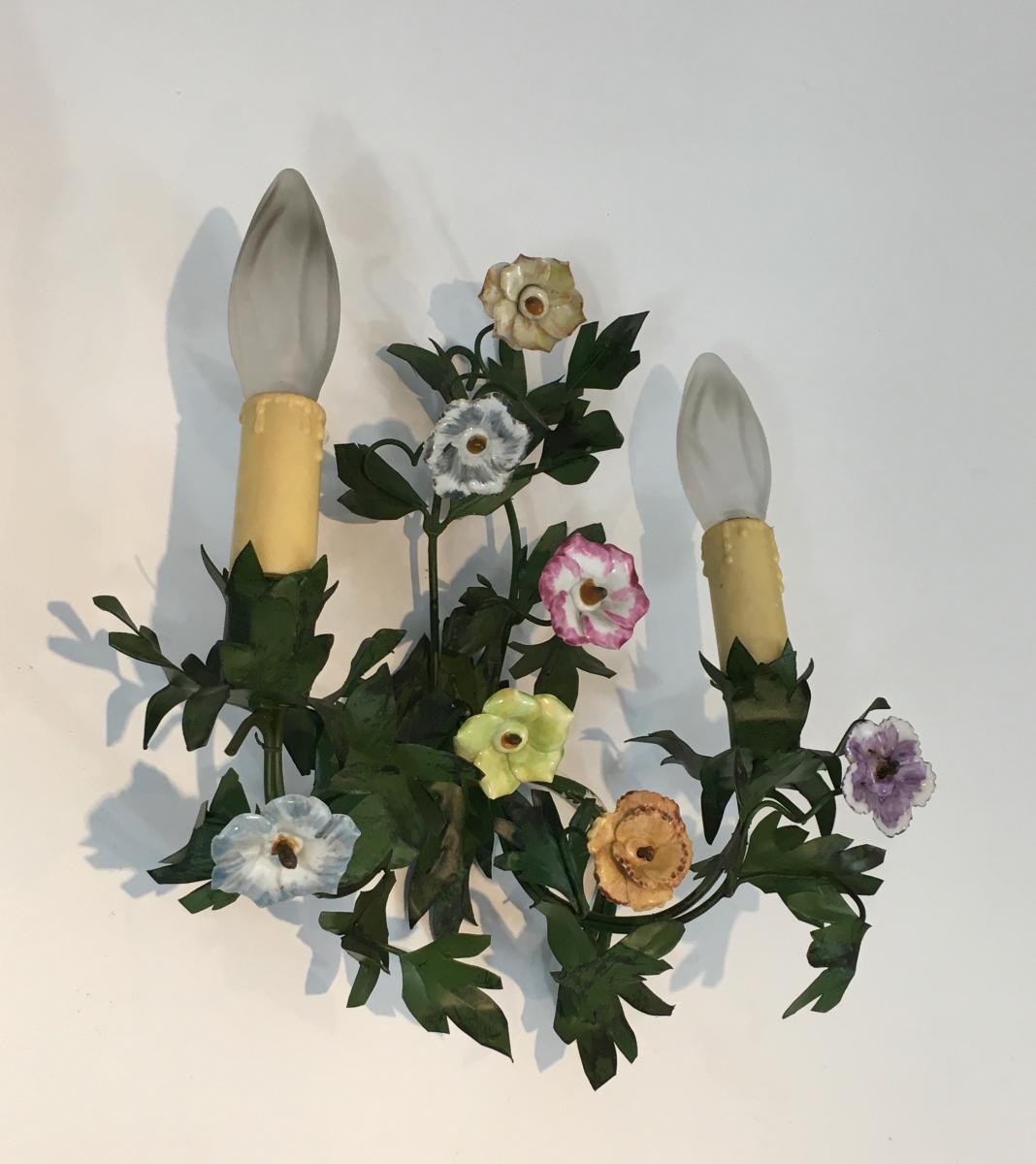 Pair Of Patinated Iron Wall And Porcelain Flowers. Around 1960-photo-1