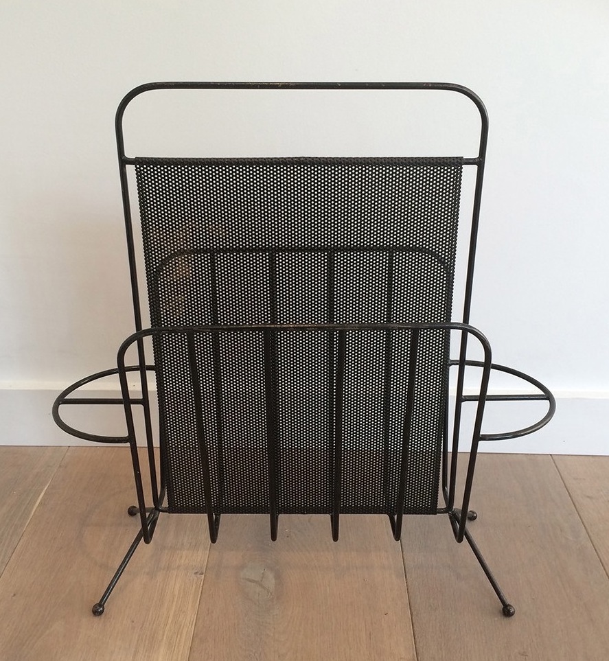 . Magazine Rack Design Metal Lacquered Black And Perforated Metal. Around 1950-photo-3