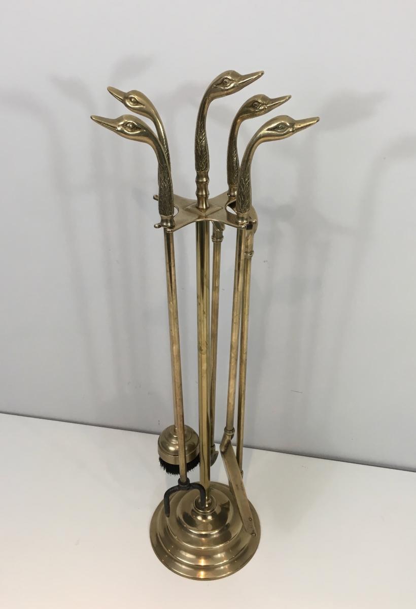 Neoclassical Fire Place Tools Set In Brass With Duck Heads. French. Circa 1970 
