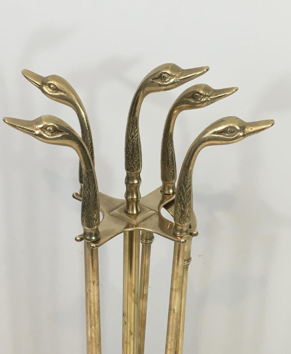 Neoclassical Fire Place Tools Set In Brass With Duck Heads. French. Circa 1970 -photo-3