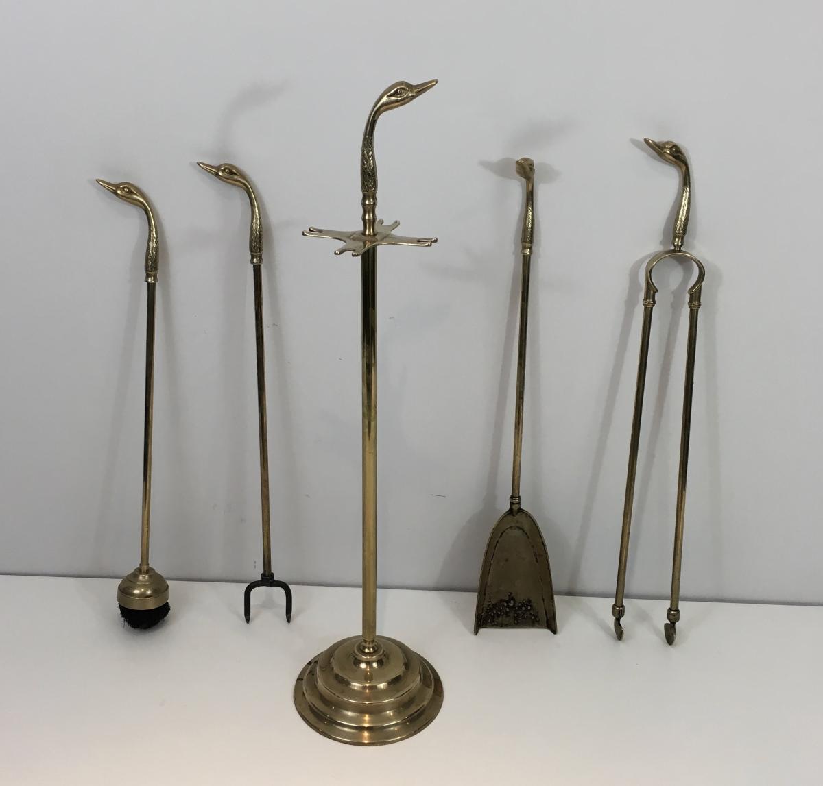 Neoclassical Fire Place Tools Set In Brass With Duck Heads. French. Circa 1970 -photo-1