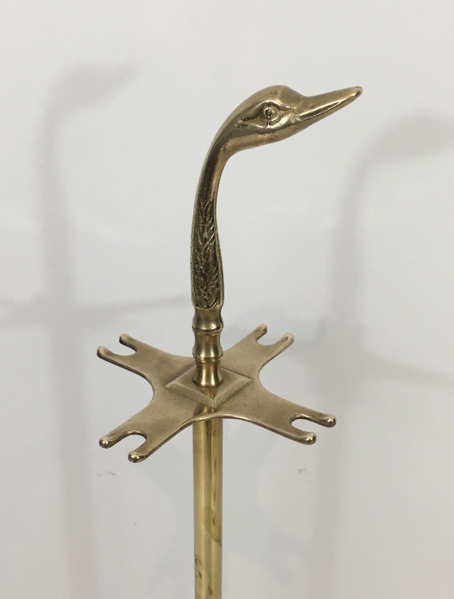 Neoclassical Fire Place Tools Set In Brass With Duck Heads. French. Circa 1970 -photo-5