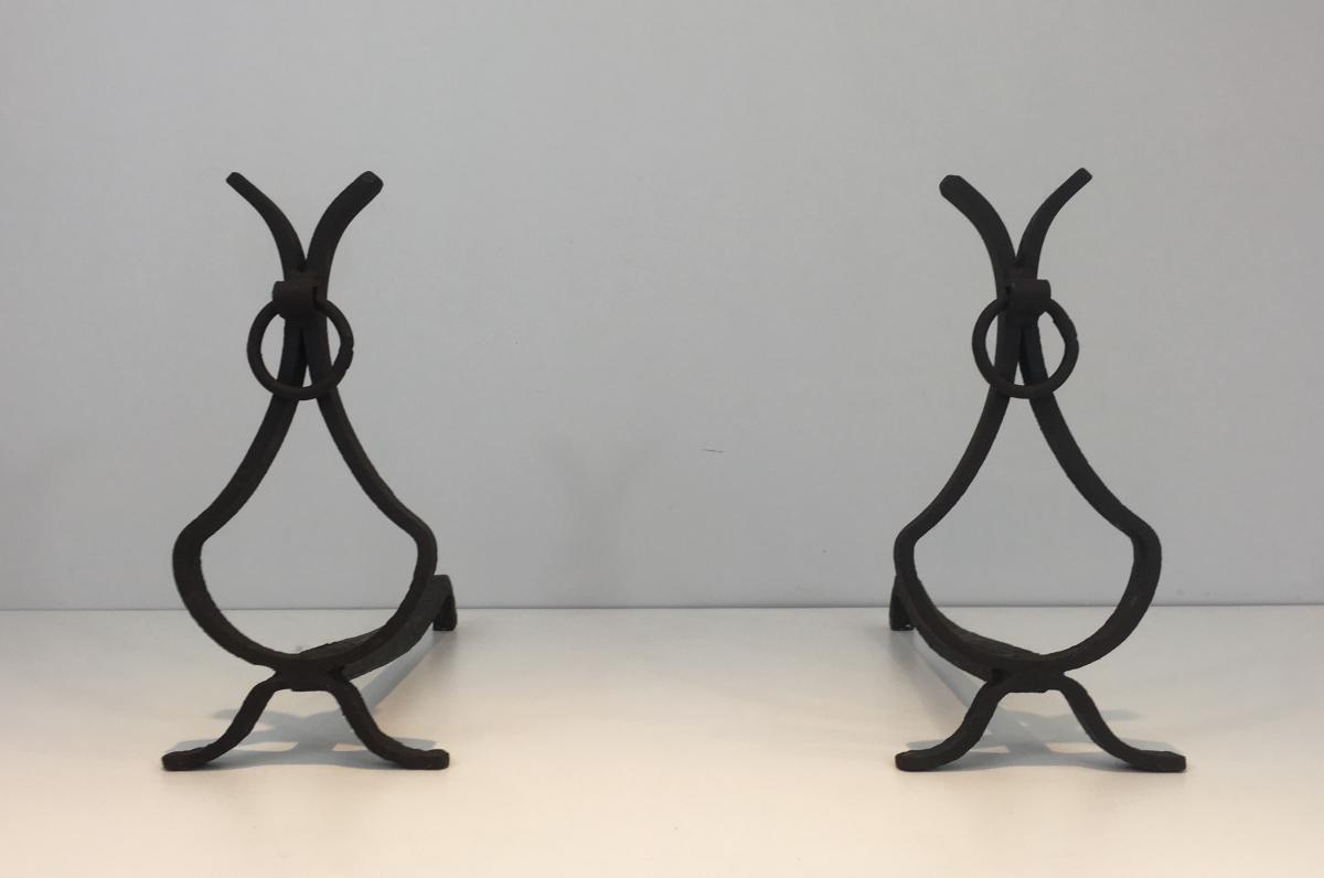 Pair Of Andirons Wrought Iron. Around 1940-photo-3