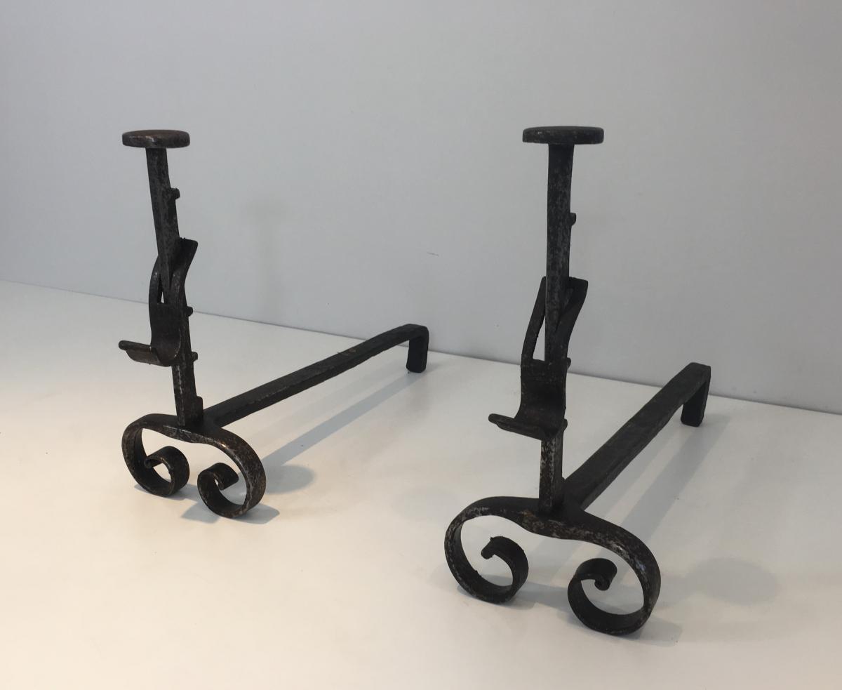 Pair Of Andirons Iron Wrought Iron. Nineteenth Century