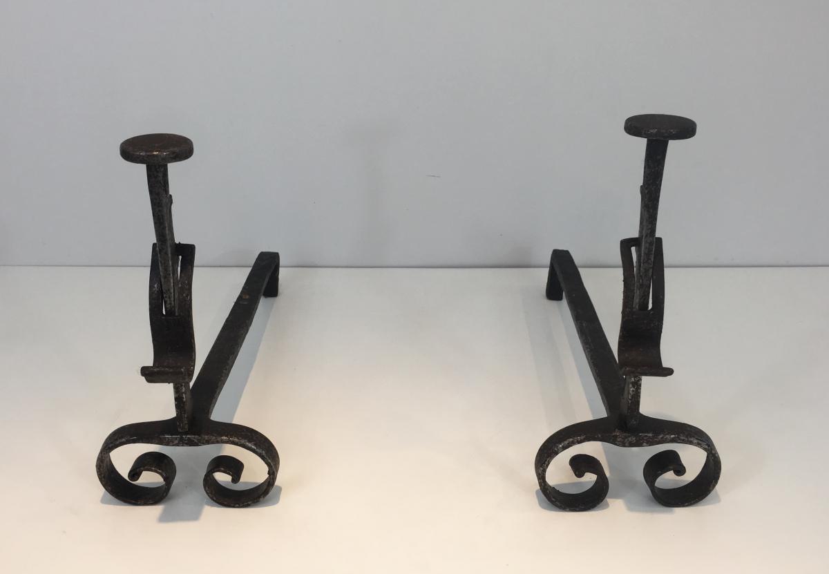 Pair Of Andirons Iron Wrought Iron. Nineteenth Century-photo-3