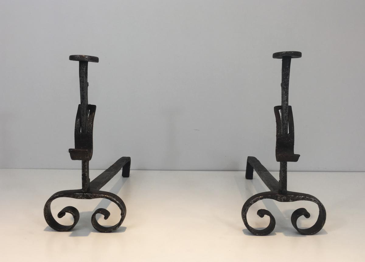 Pair Of Andirons Iron Wrought Iron. Nineteenth Century-photo-3