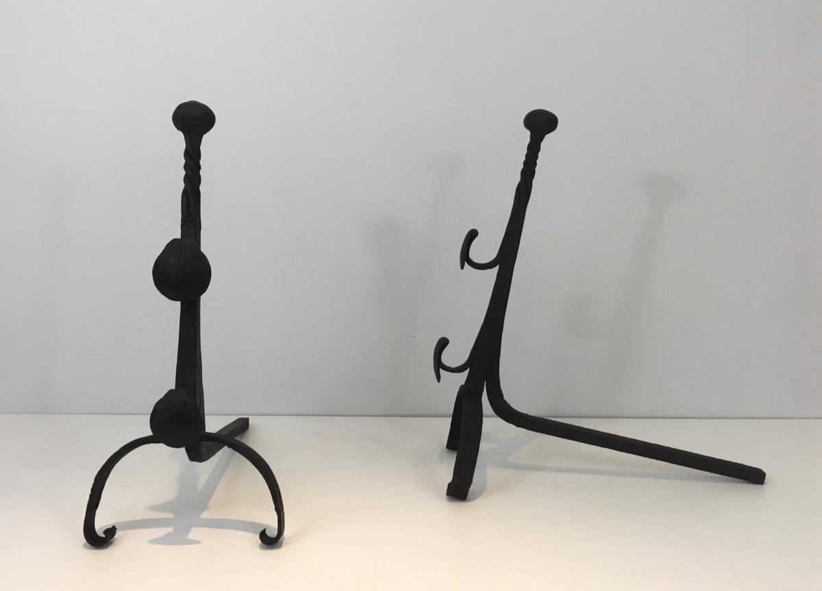 Pair Of Wrought Iron Andirons With Double Bars. Around 1900-photo-4