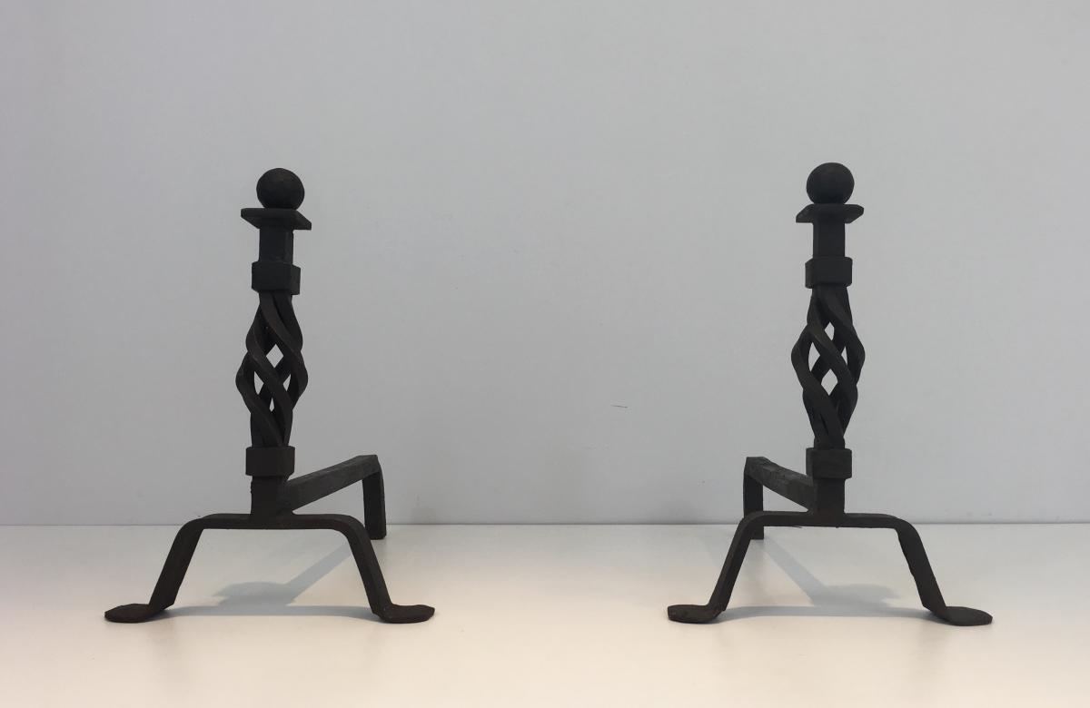 Pair Of Twisted Wrought Iron Andirons. French. Circa 1940 -photo-4