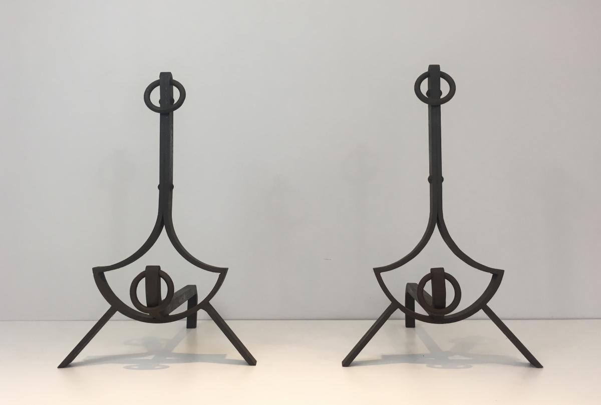 Pair Of Modernist Wrought Iron Andirons. French. Circa 1940 -photo-2