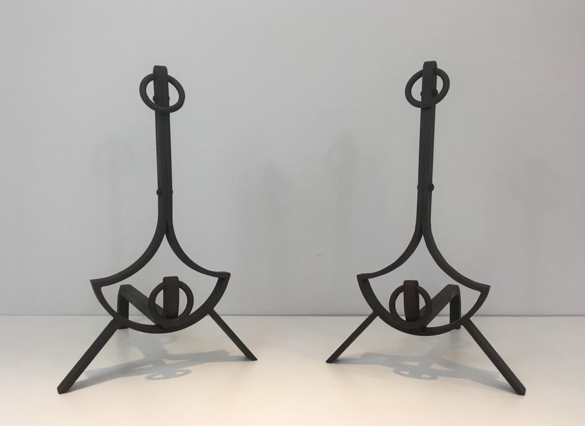 Pair Of Modernist Wrought Iron Andirons. French. Circa 1940 -photo-3