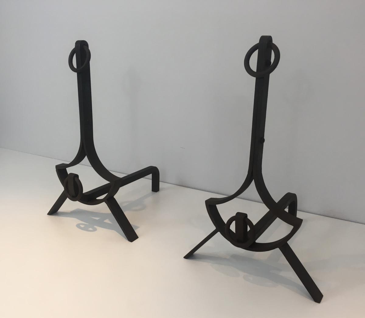 Pair Of Modernist Wrought Iron Andirons. French. Circa 1940 -photo-4