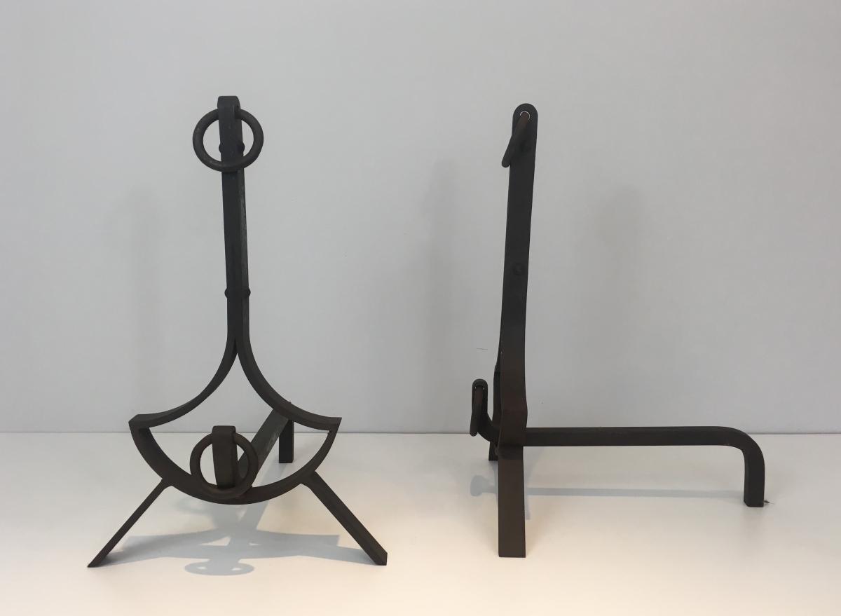 Pair Of Modernist Wrought Iron Andirons. French. Circa 1940 -photo-1