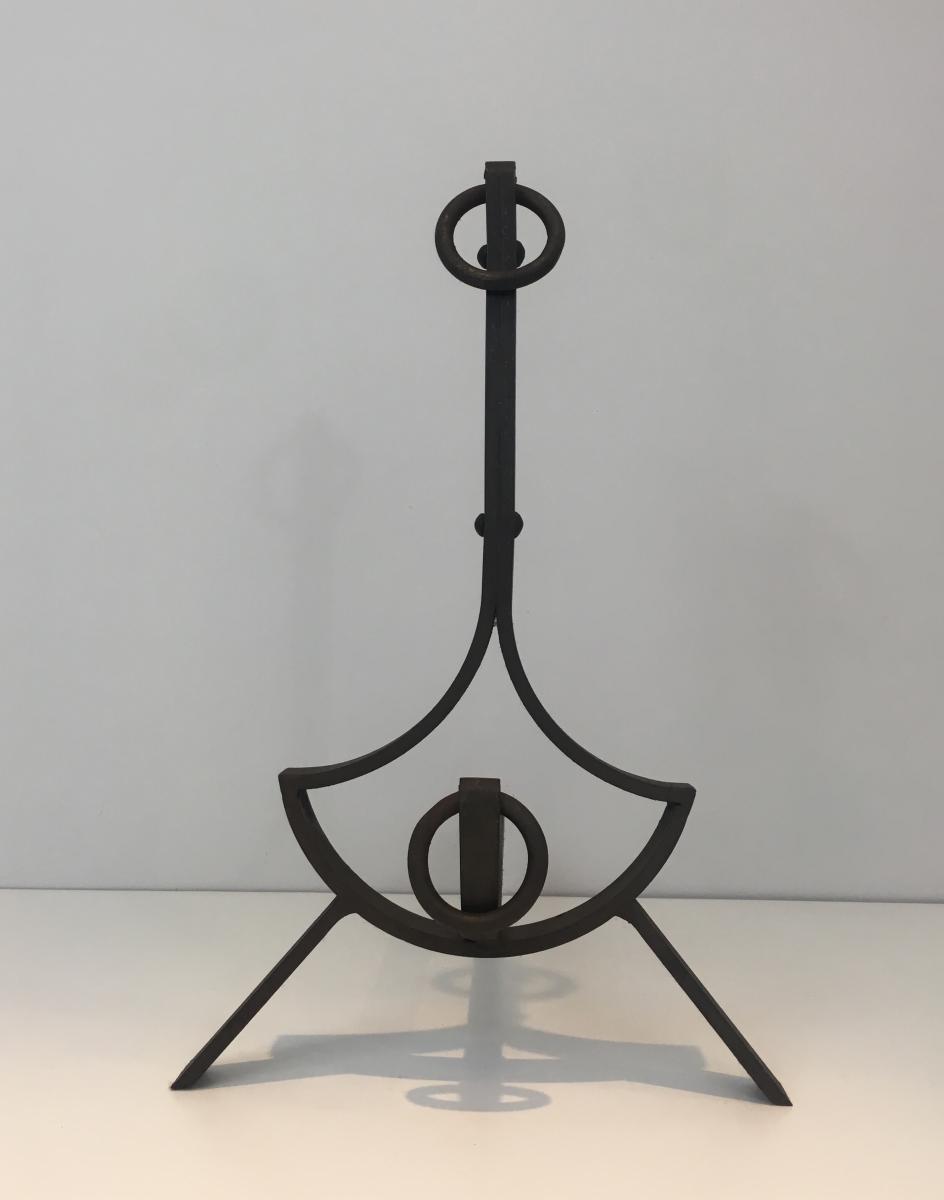 Pair Of Modernist Wrought Iron Andirons. French. Circa 1940 -photo-2