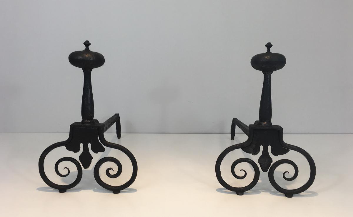 Pair Of Wrought Iron Andirons. French. 18th Century 