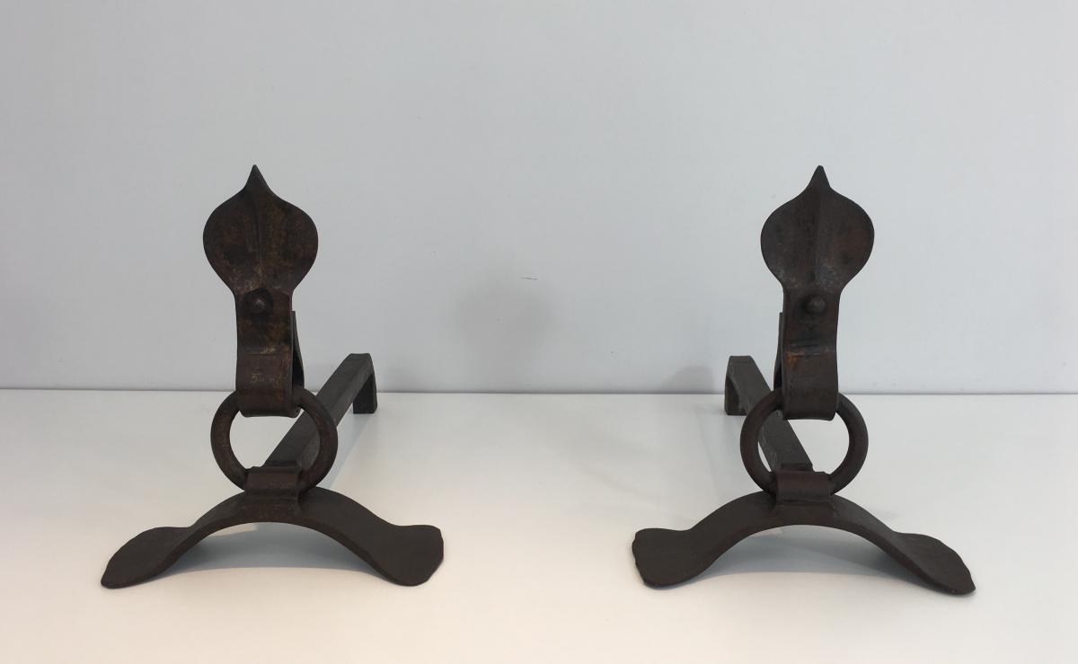 Pair Of Modernist Wrought Iron Andirons. French. Circa 1940-photo-2