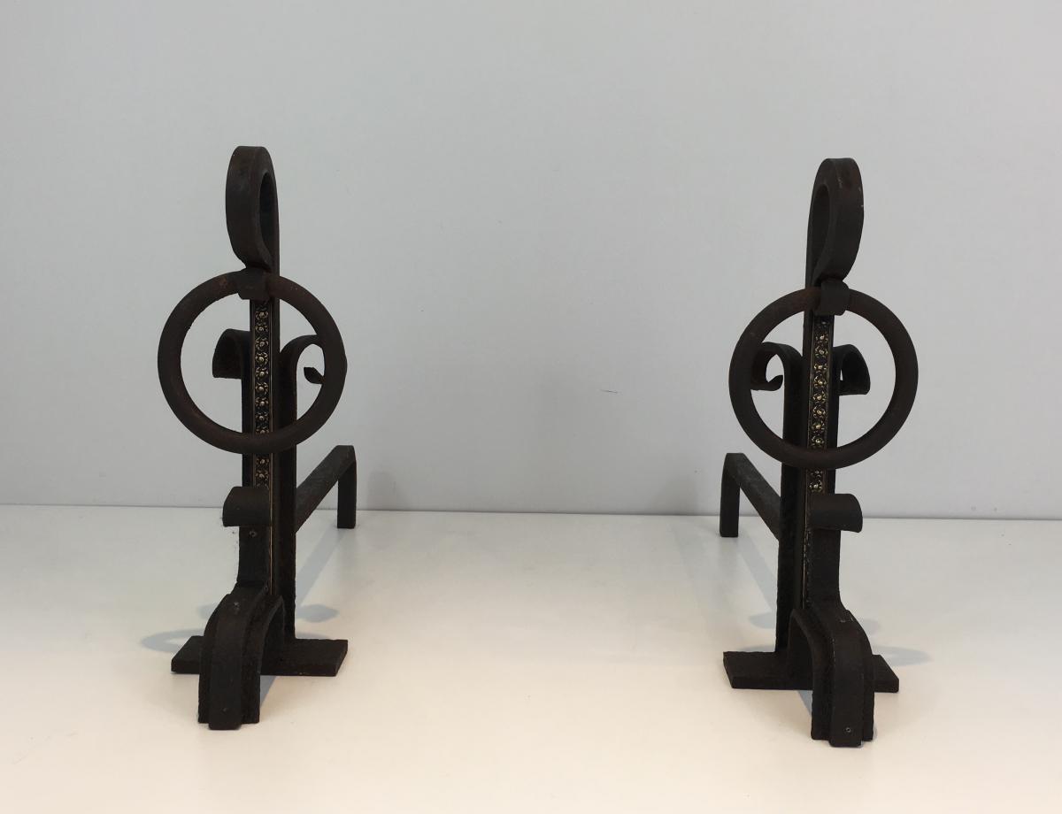 Pair Of Modernist Wrought Iron And Brass Andirons. French. Circa 1940 -photo-2