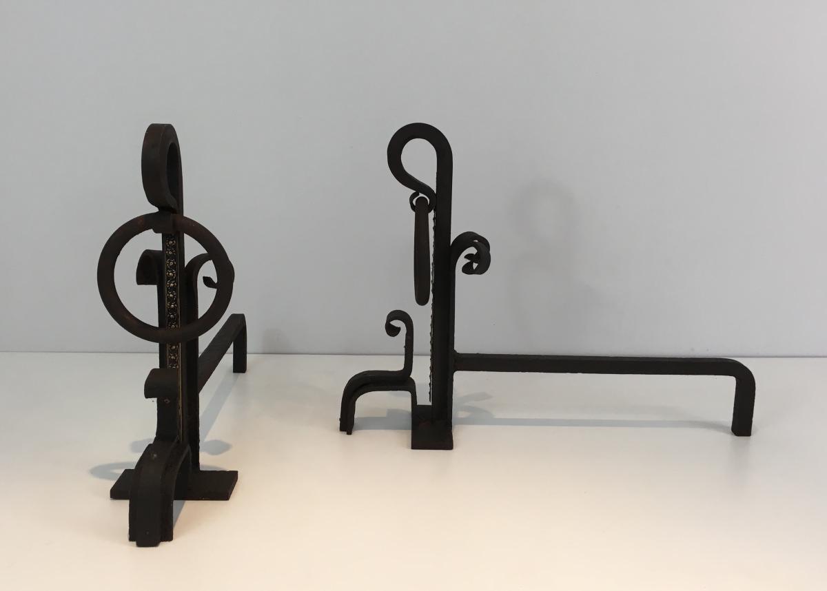 Pair Of Modernist Wrought Iron And Brass Andirons. French. Circa 1940 -photo-1