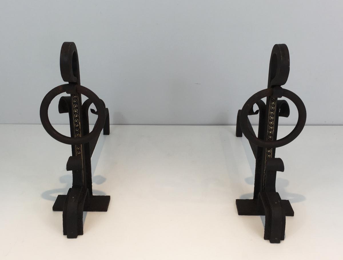 Pair Of Modernist Wrought Iron And Brass Andirons. French. Circa 1940 -photo-2