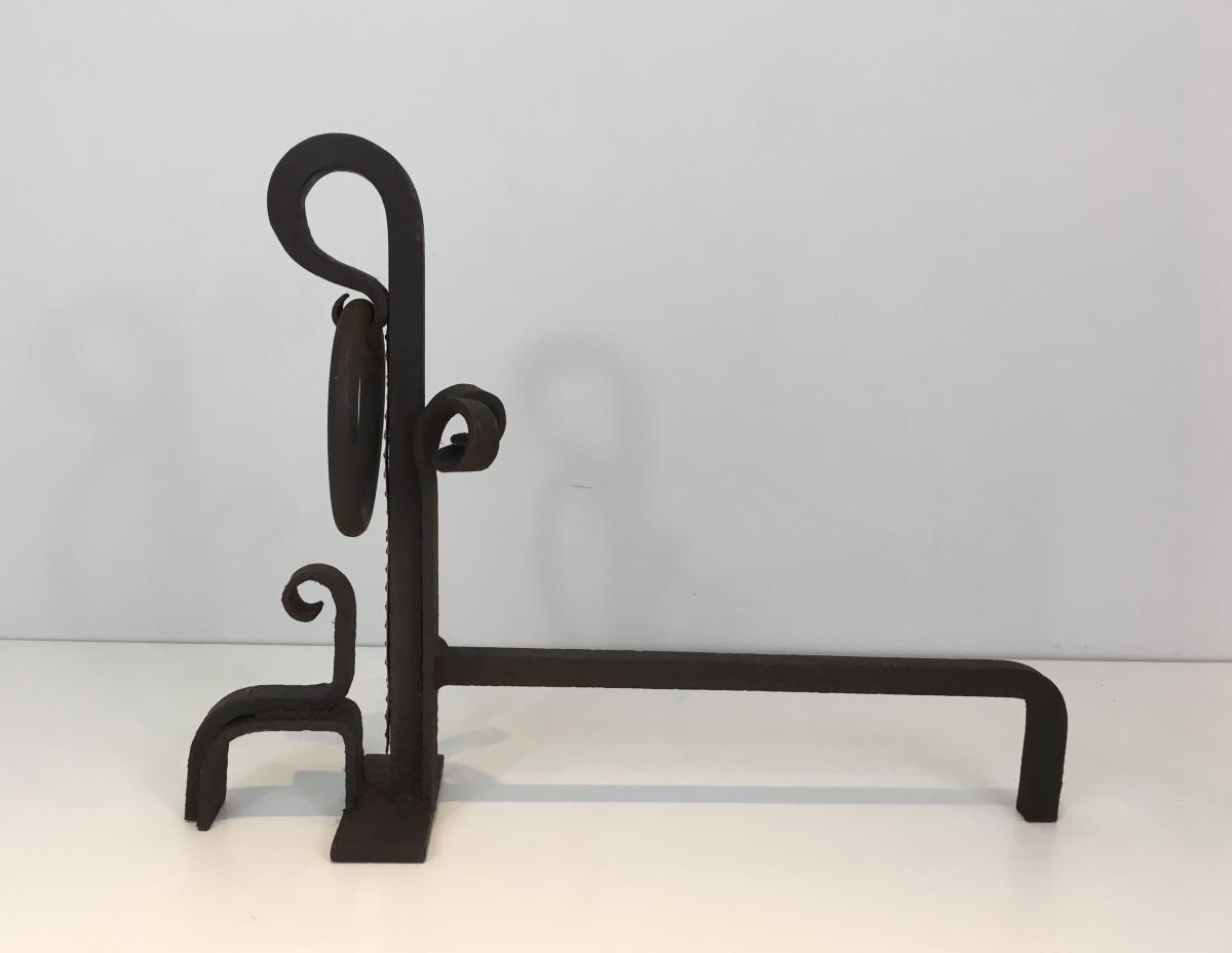 Pair Of Modernist Wrought Iron And Brass Andirons. French. Circa 1940 -photo-4