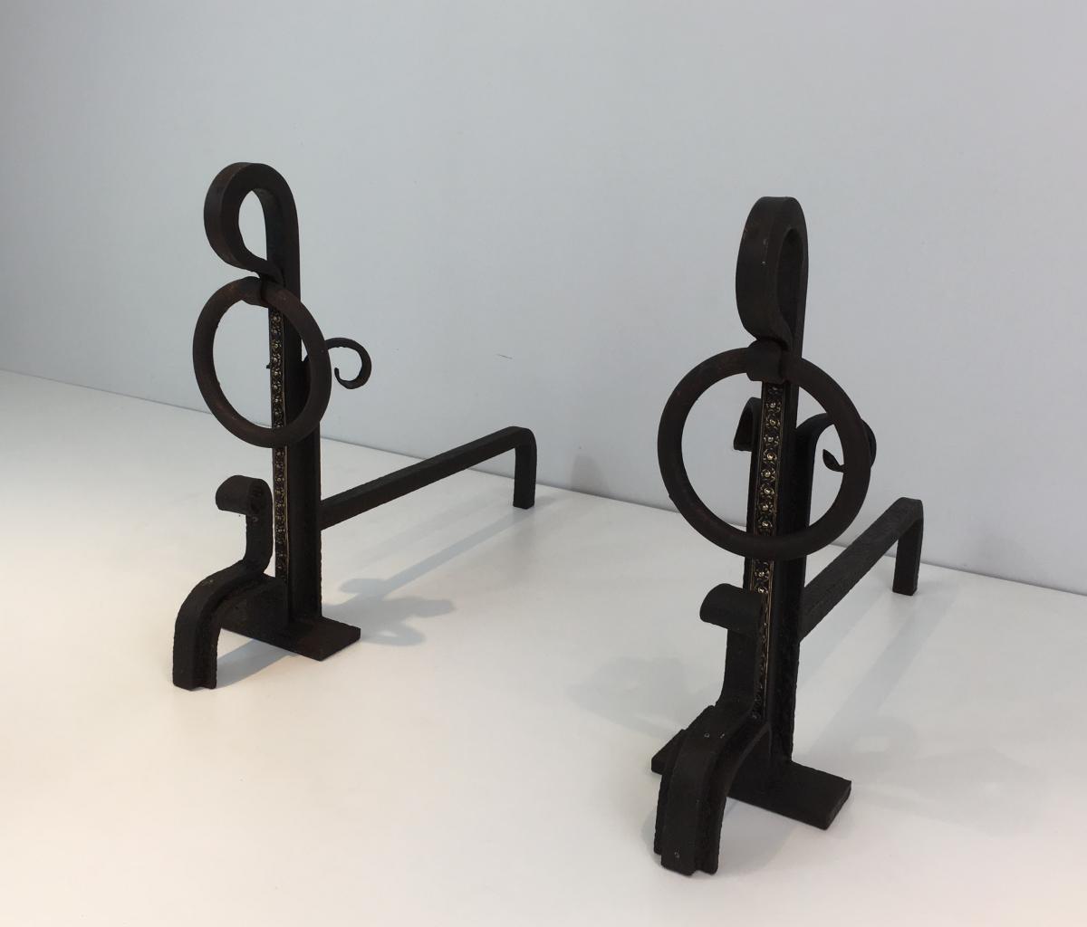 Pair Of Modernist Wrought Iron And Brass Andirons. French. Circa 1940 -photo-8