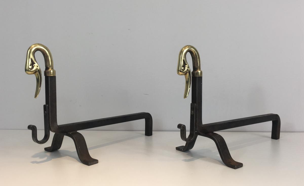 In The Style Of Maison Jansen. Pair Of Iron And Brass Andirons With Duck Heads. French. Circa 1-photo-2