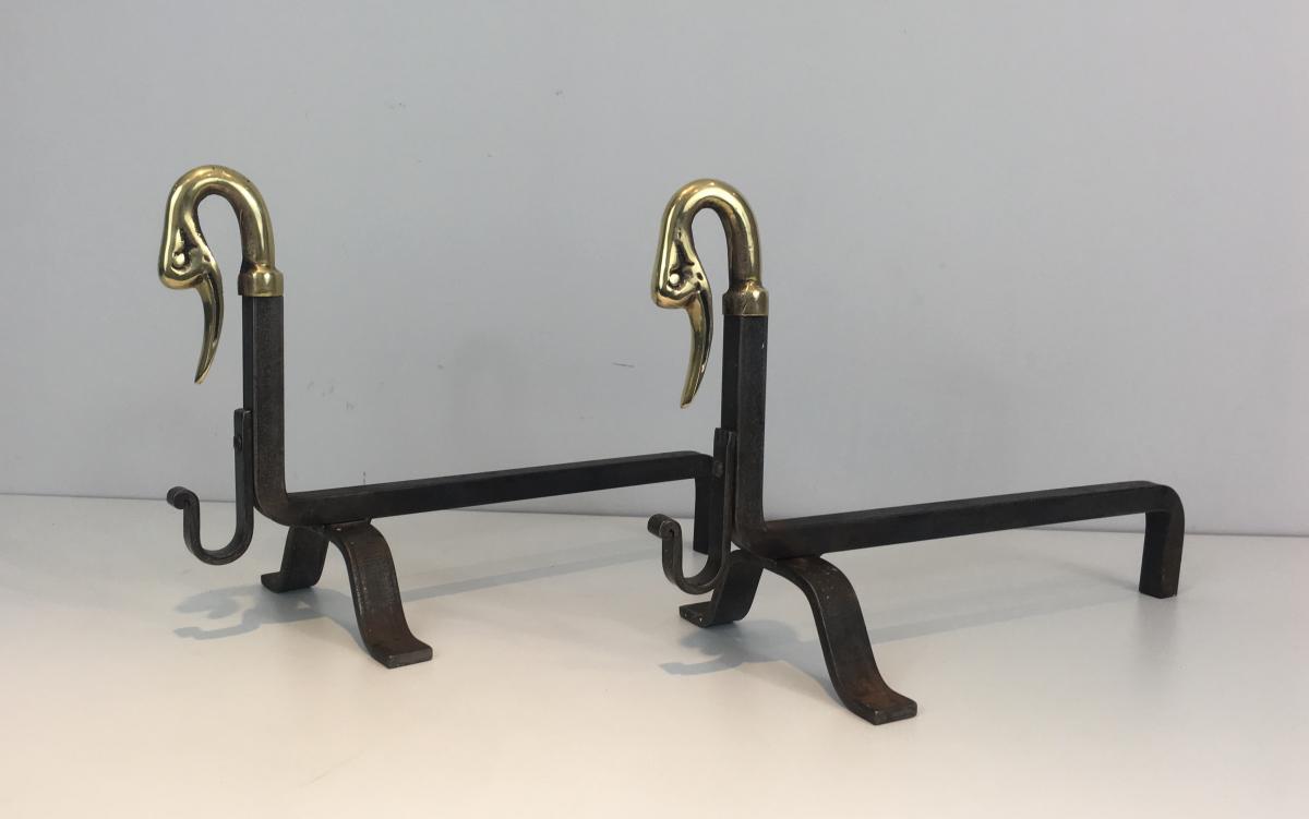 In The Style Of Maison Jansen. Pair Of Iron And Brass Andirons With Duck Heads. French. Circa 1-photo-3