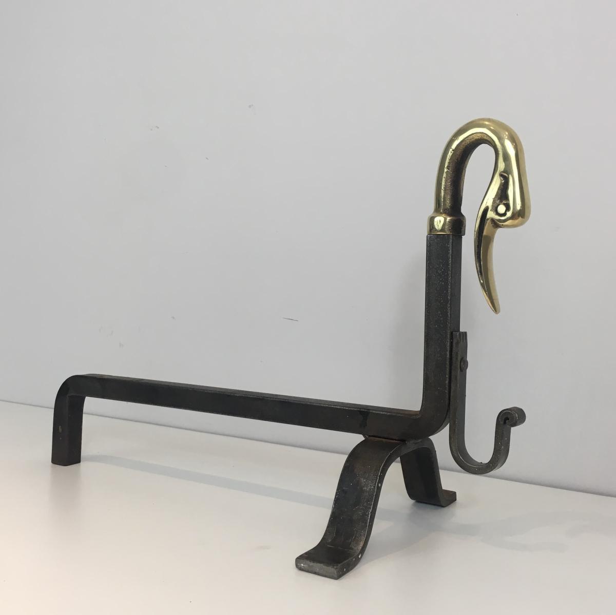 In The Style Of Maison Jansen. Pair Of Iron And Brass Andirons With Duck Heads. French. Circa 1-photo-6