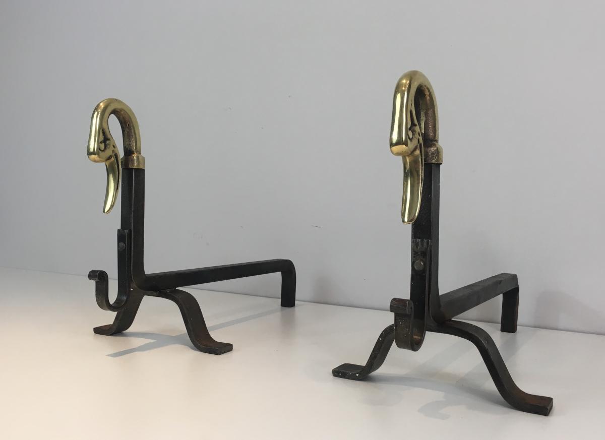 In The Style Of Maison Jansen. Pair Of Iron And Brass Andirons With Duck Heads. French. Circa 1-photo-8