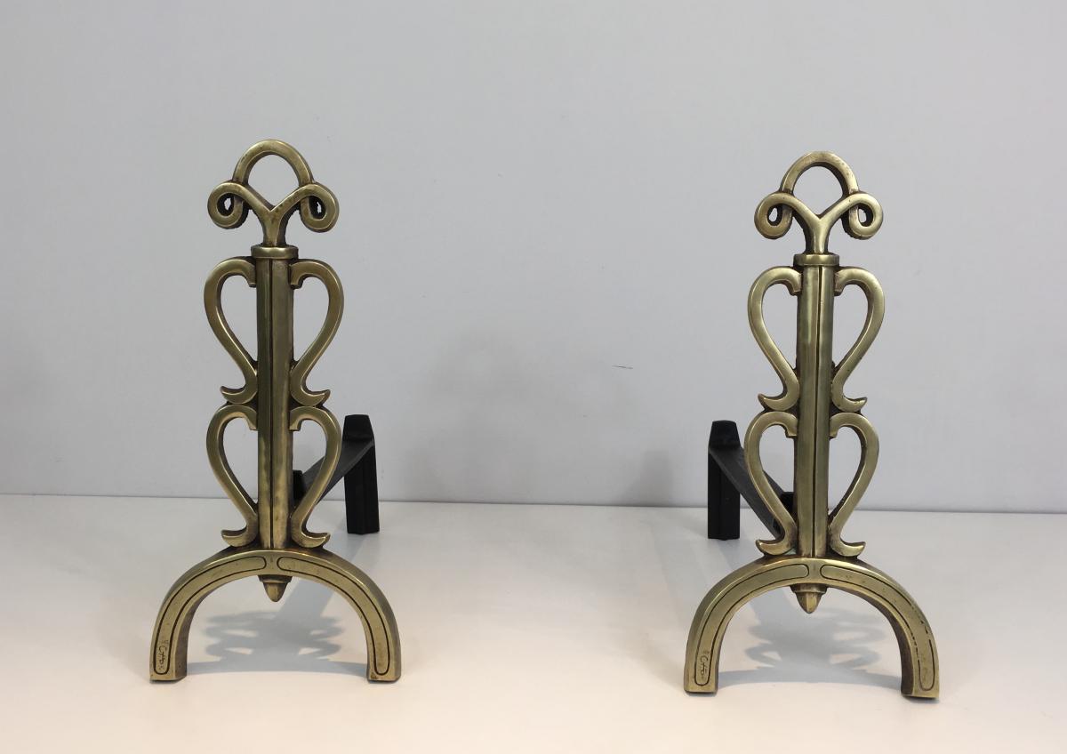 In The Style Of Raymond Subes. Bronze And Iron Andirons. Signed. French. Circa 1940 