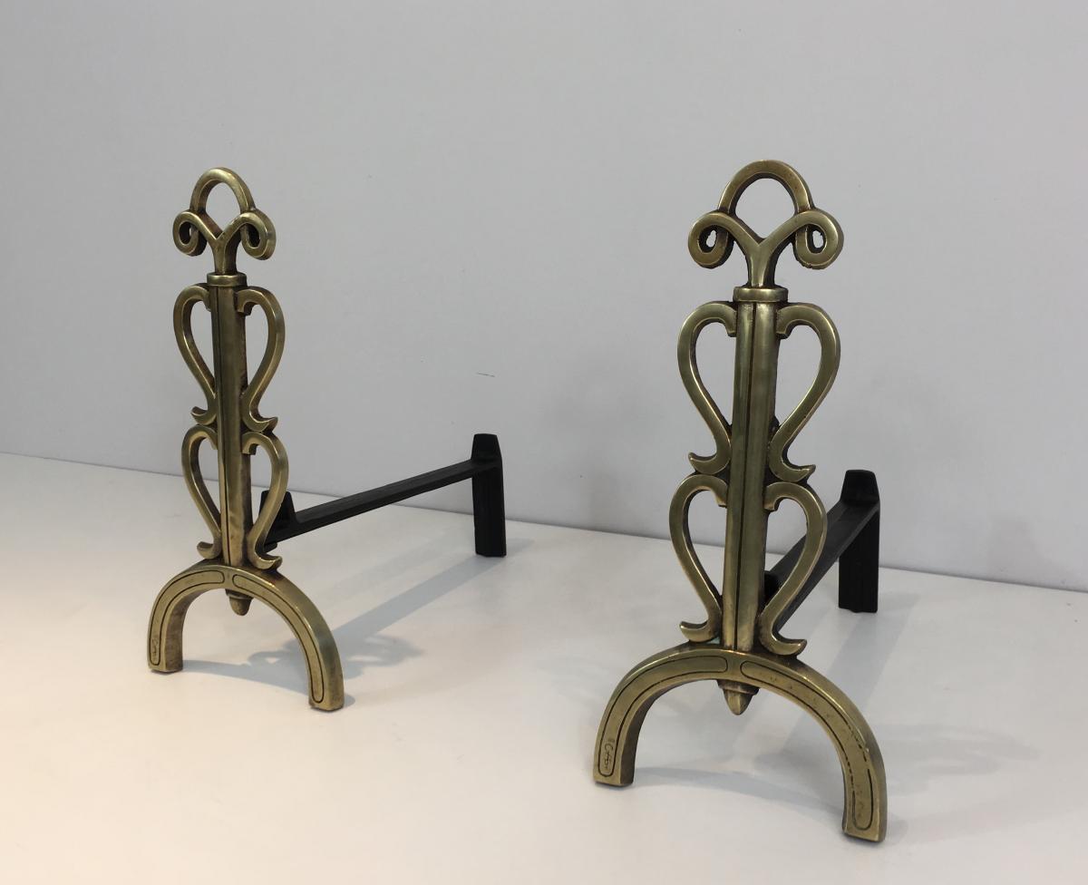 In The Style Of Raymond Subes. Bronze And Iron Andirons. Signed. French. Circa 1940 -photo-2