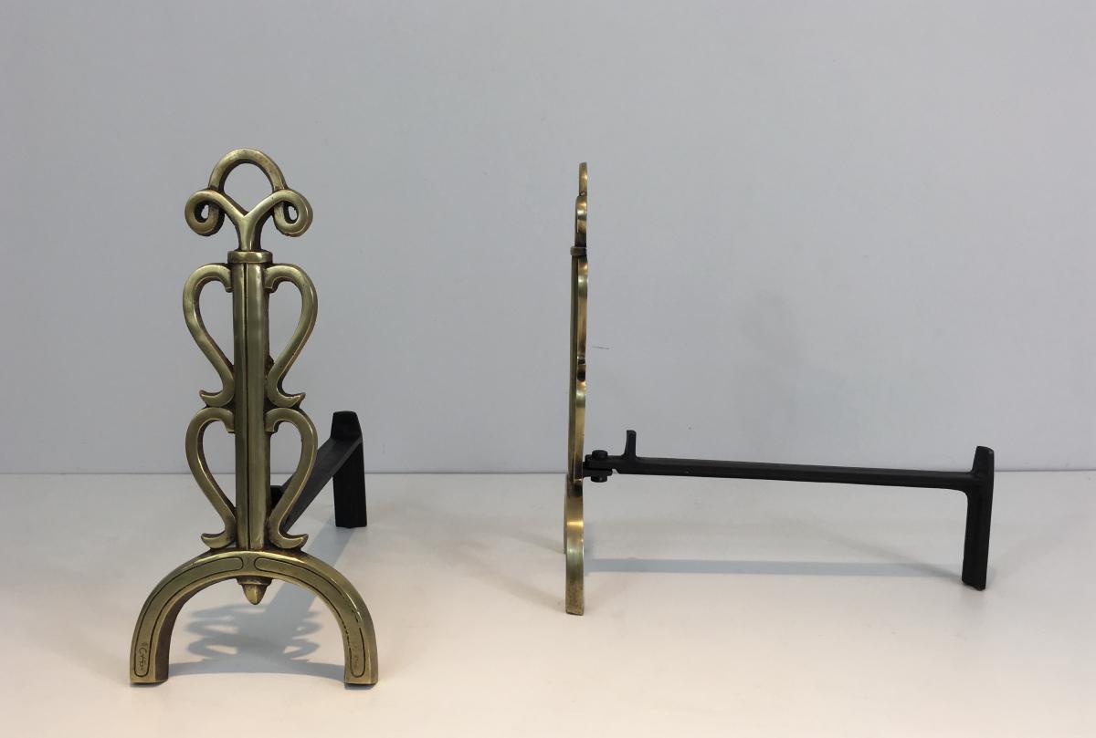 In The Style Of Raymond Subes. Bronze And Iron Andirons. Signed. French. Circa 1940 -photo-3