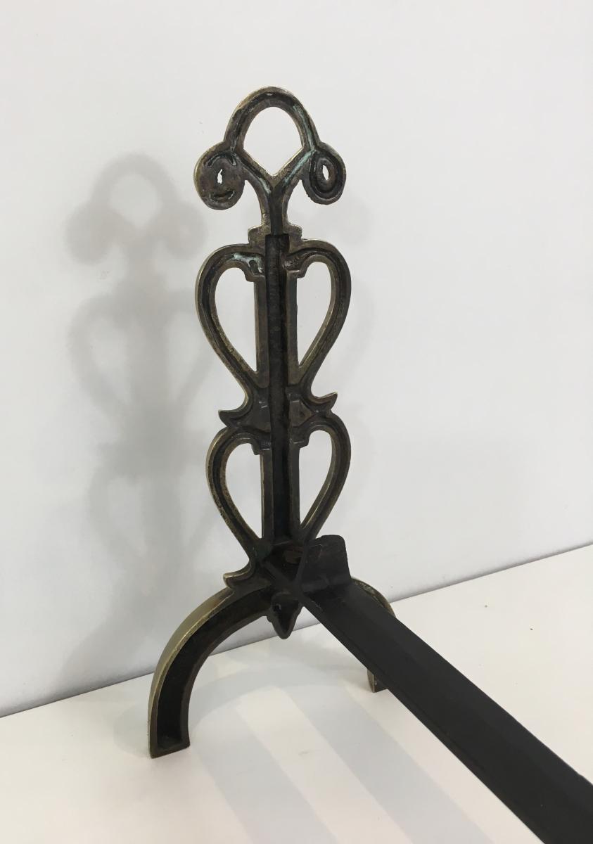 In The Style Of Raymond Subes. Bronze And Iron Andirons. Signed. French. Circa 1940 -photo-6