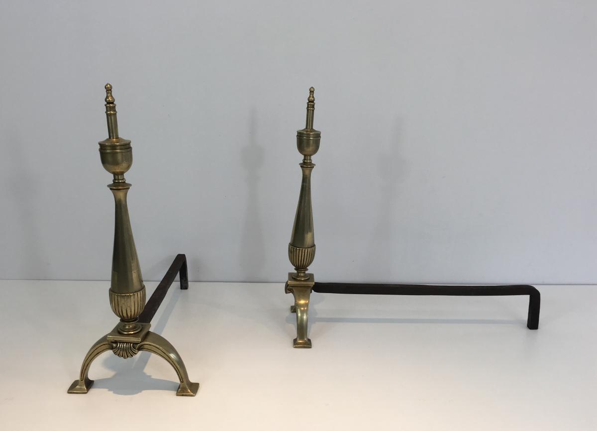 Pair Of Neoclassical Andirons In Brass And Wrought Iron.-photo-1