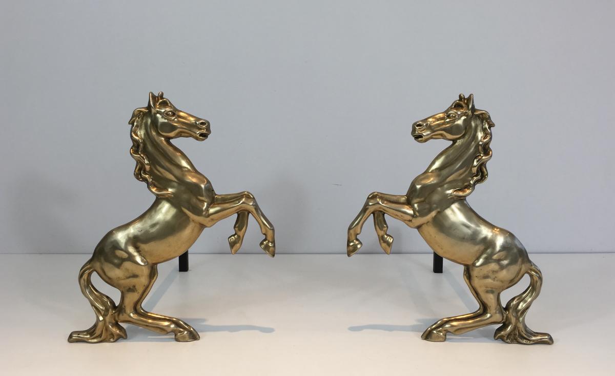  Pair Of Brass Horses Andirons. French. Circa 1970 