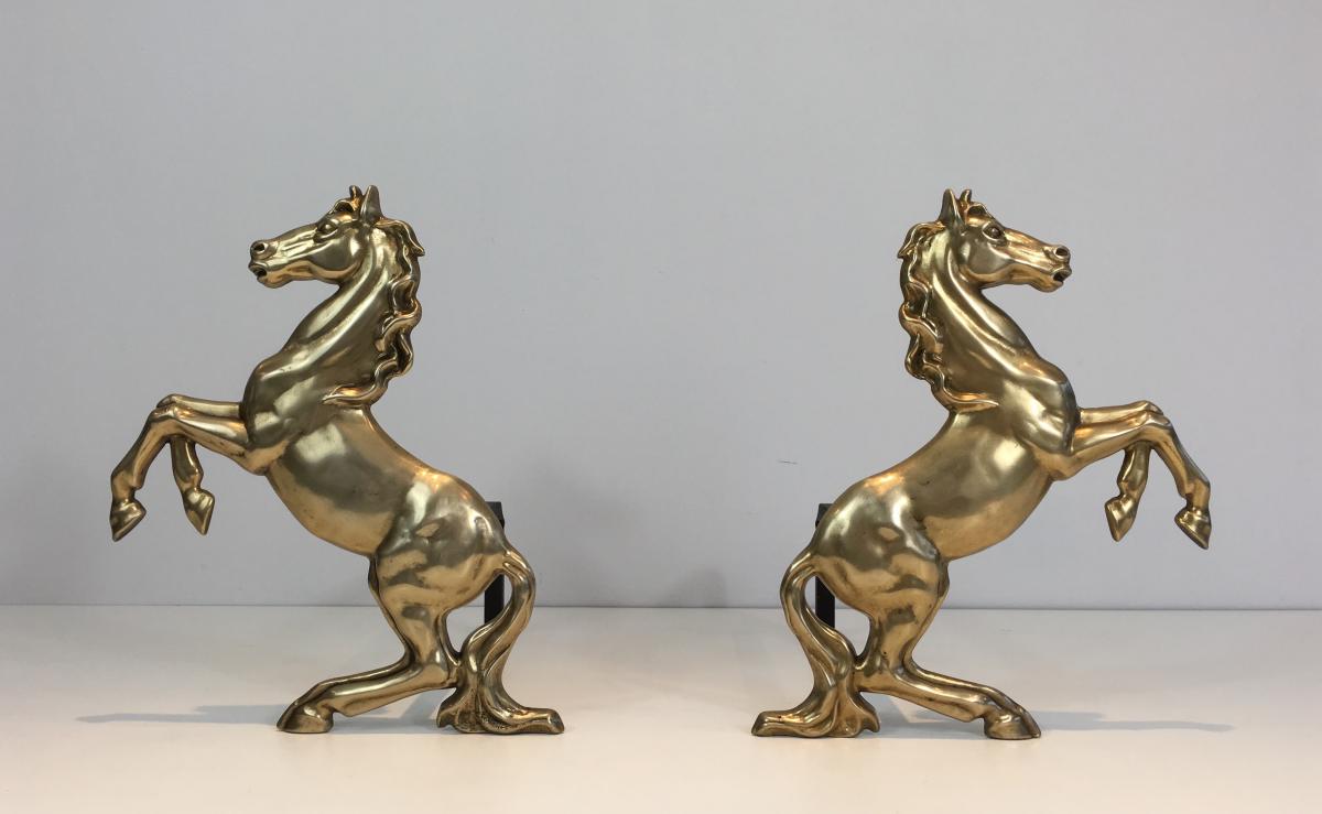  Pair Of Brass Horses Andirons. French. Circa 1970 -photo-2