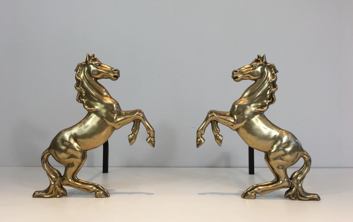  Pair Of Brass Horses Andirons. French. Circa 1970 -photo-3