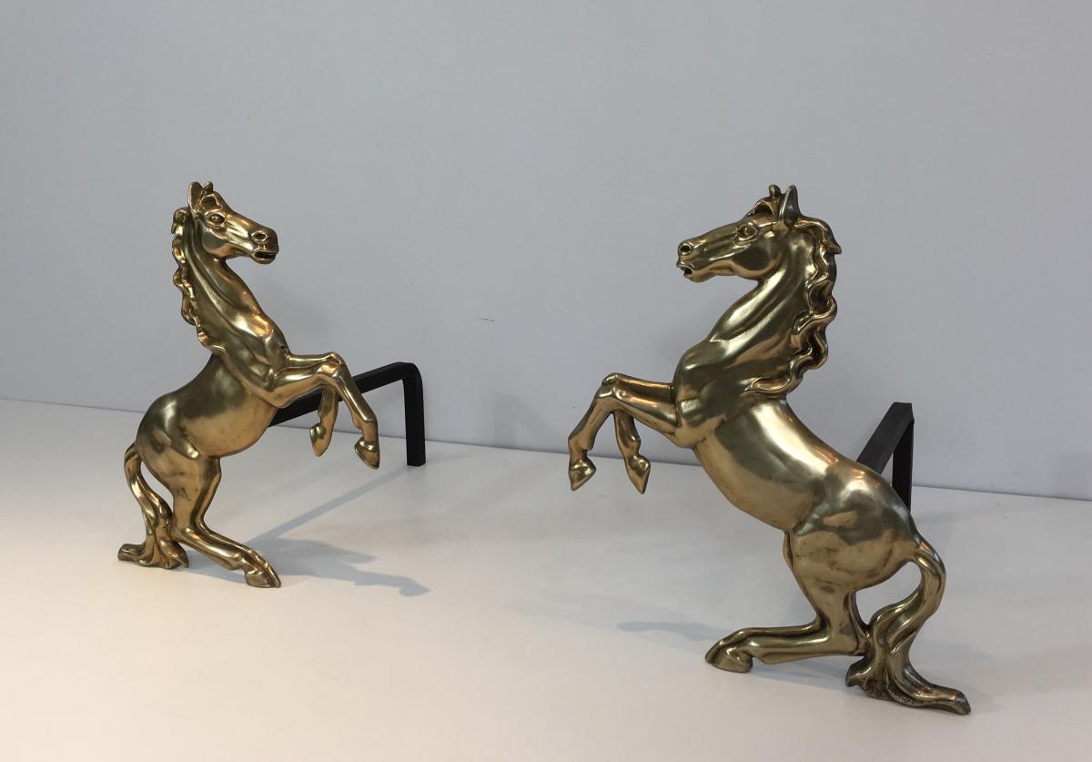  Pair Of Brass Horses Andirons. French. Circa 1970 -photo-1