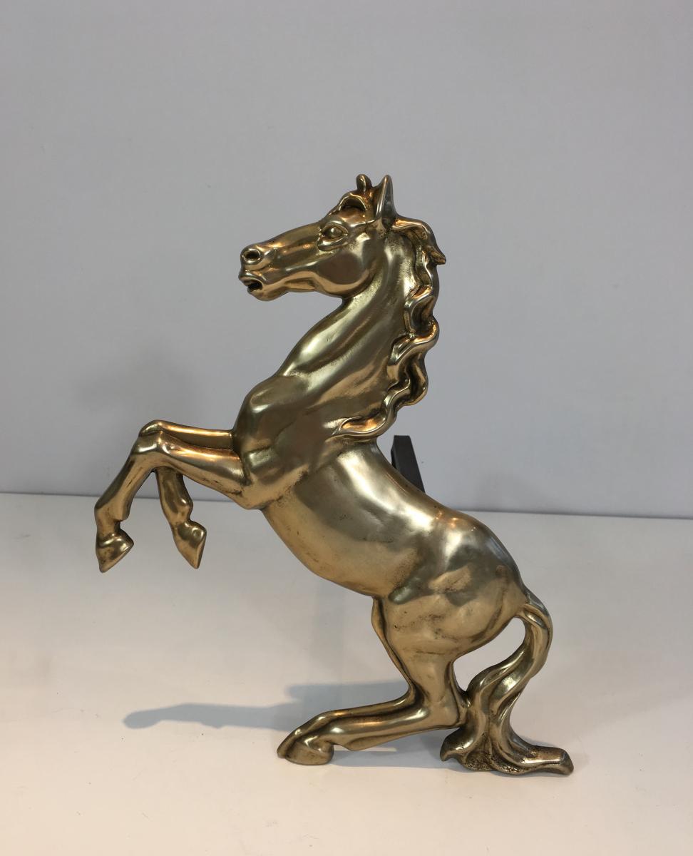  Pair Of Brass Horses Andirons. French. Circa 1970 -photo-2