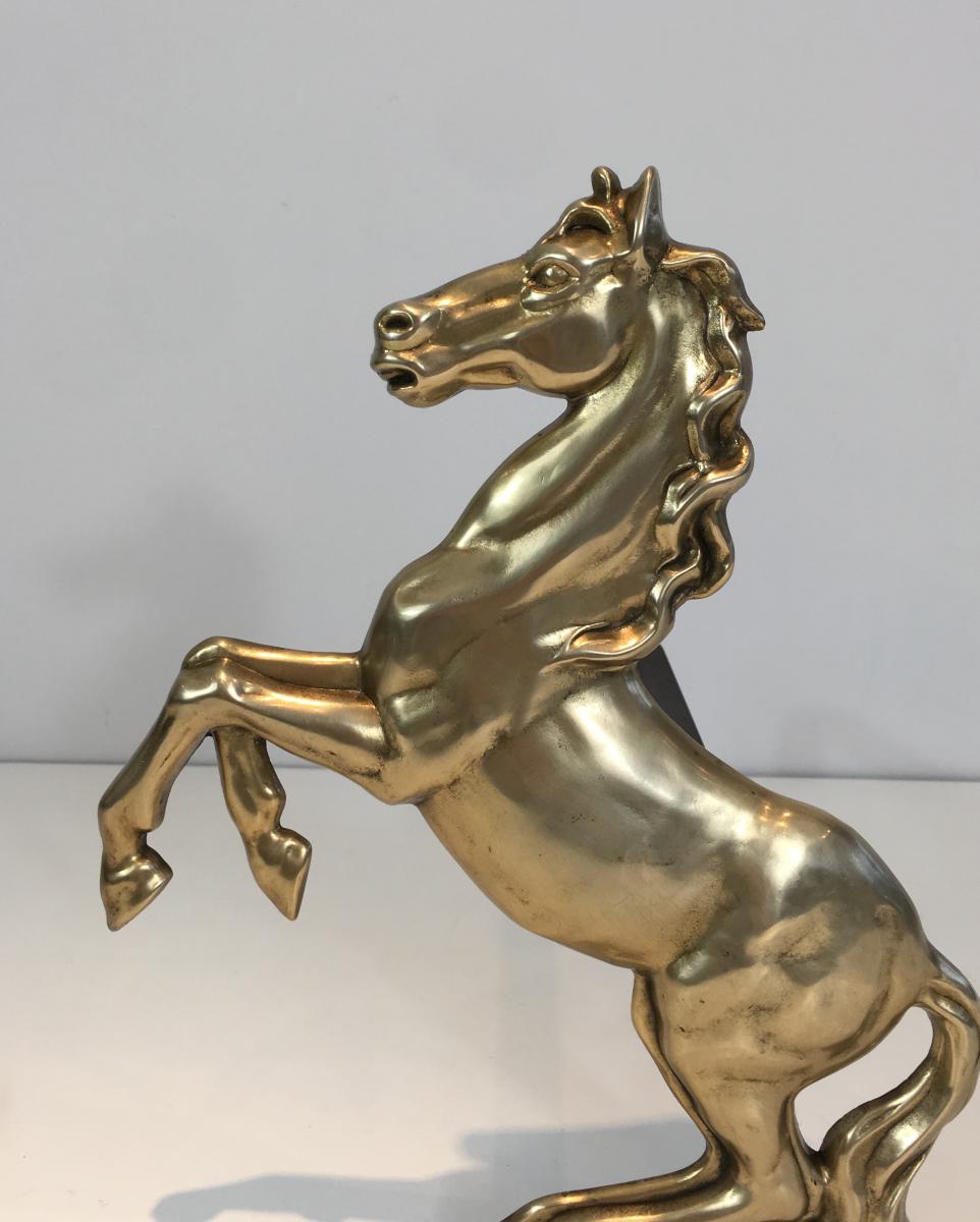  Pair Of Brass Horses Andirons. French. Circa 1970 -photo-3