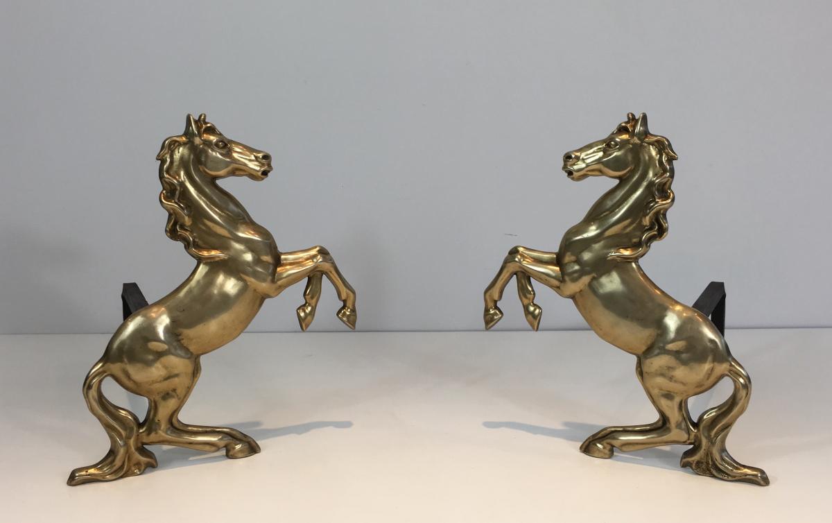  Pair Of Brass Horses Andirons. French. Circa 1970 -photo-7