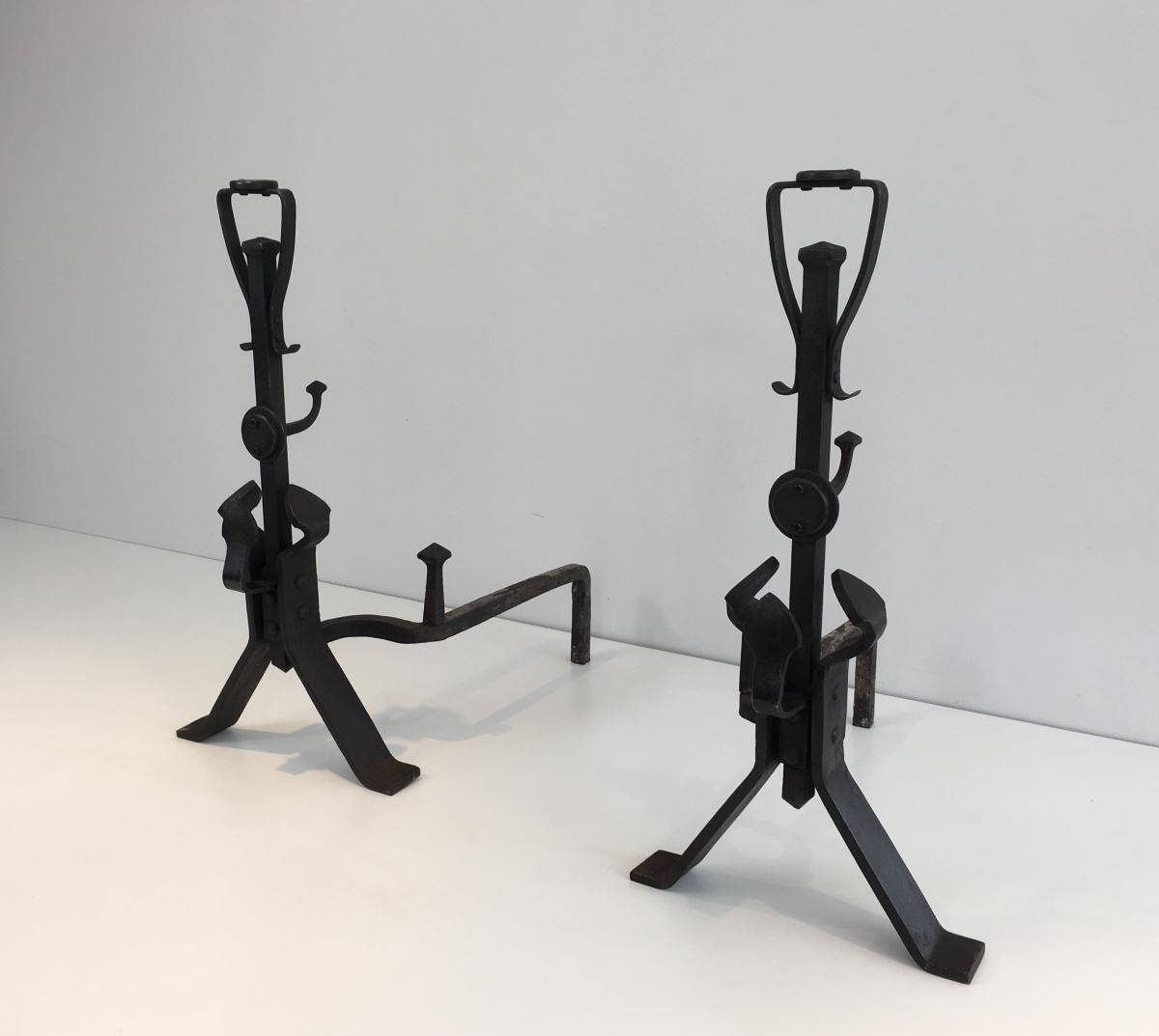 Pair Of Arts & Crafts Wrought Iron Andirons. Circa 1930 -photo-2