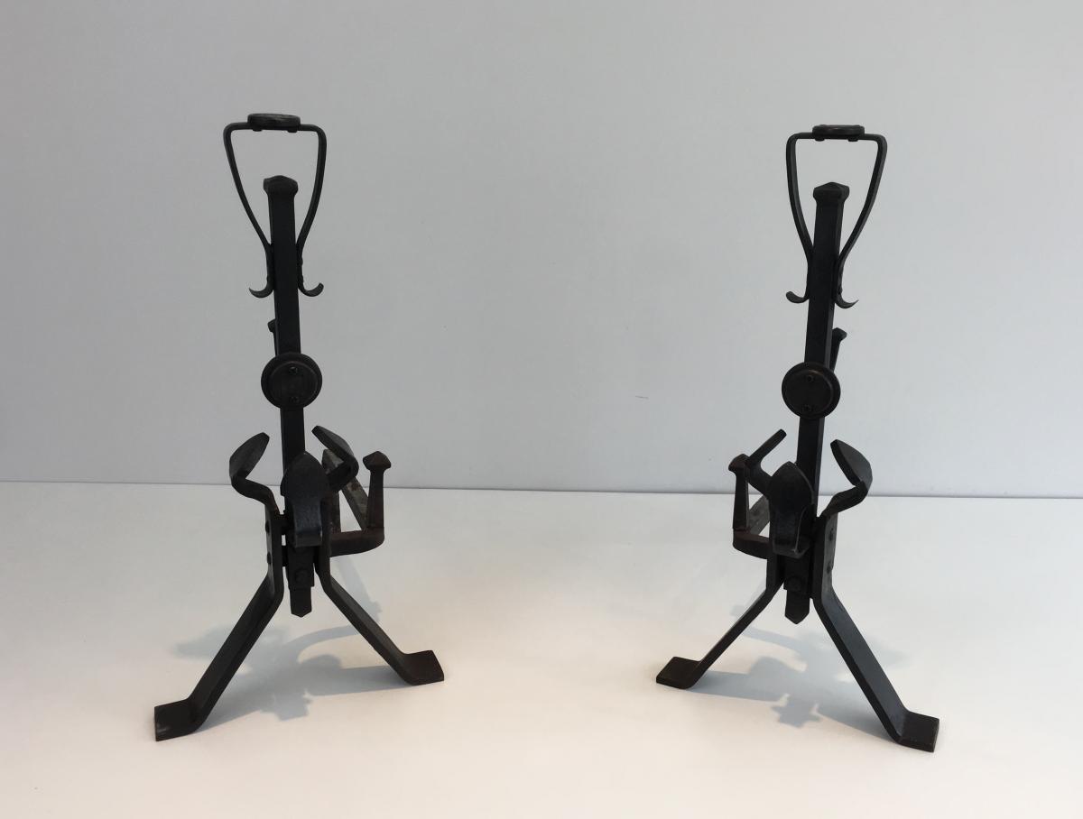 Pair Of Arts & Crafts Wrought Iron Andirons. Circa 1930 -photo-4