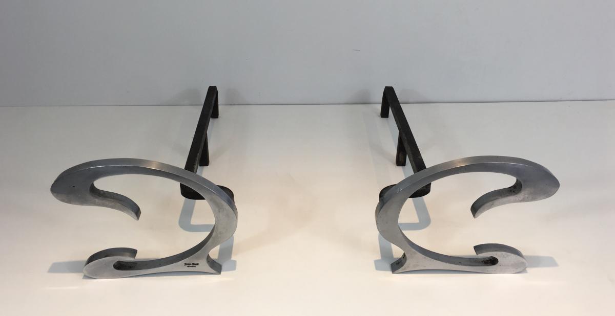 Pair Of Andirons Design Brushed Steel And Wrought Iron.-photo-6