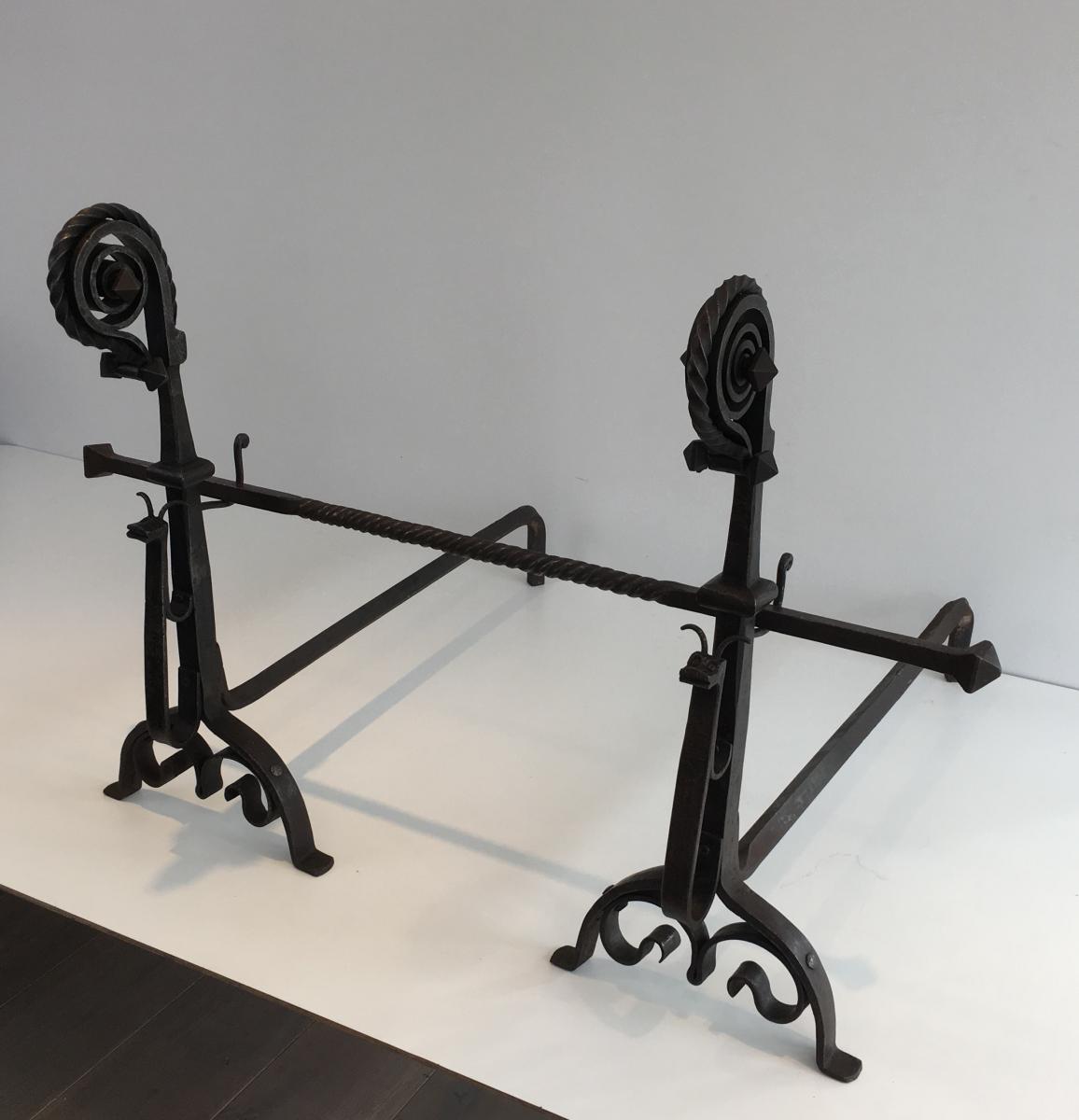 In The Style Of Schenck. Exceptional Pair Of Hammered And Wrought Iron -photo-2