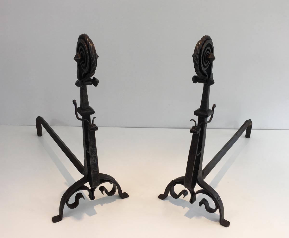 In The Style Of Schenck. Exceptional Pair Of Hammered And Wrought Iron -photo-4